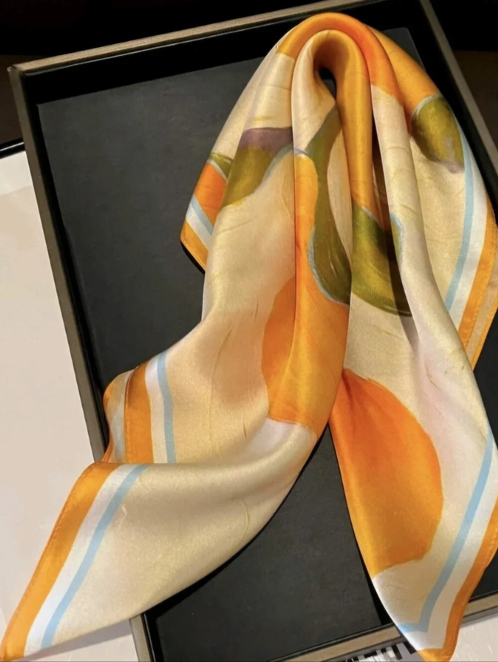 NWOT 100% Mulberry Silk Scarf Orange Abstract Leaves On  Cream Background 21